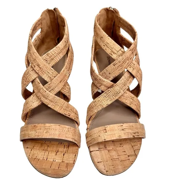 Donald J Pliner Vida Strappy Cork Heeled Sandals Beige Tan SZ 8