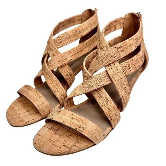 Donald J Pliner Vida Strappy Cork Heeled Sandals Beige Tan SZ 8