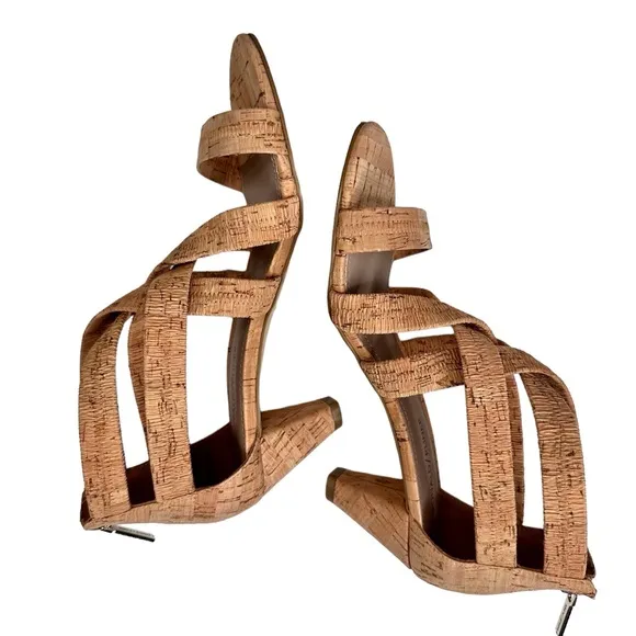 Donald J Pliner Vida Strappy Cork Heeled Sandals Beige Tan SZ 8