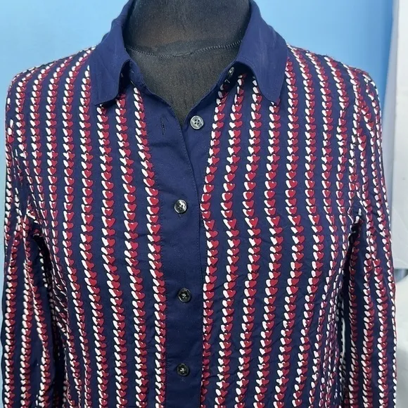 Draper James Heart Field Printed Shirt Dress Size 6 Navy Blue Red dress