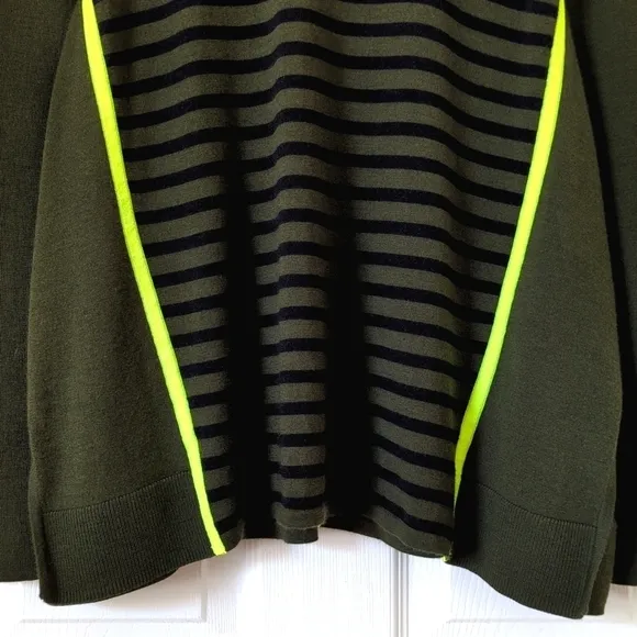 Duffy Lightweight Wool &amp; Cashmere Striped Knit Flared Slit Hem Sweater Green XS