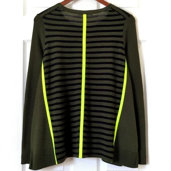 Duffy Lightweight Wool &amp; Cashmere Striped Knit Flared Slit Hem Sweater Green XS