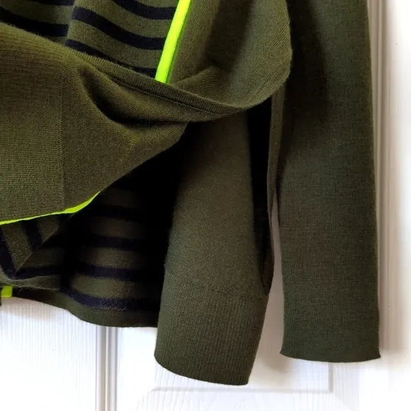 Duffy Lightweight Wool &amp; Cashmere Striped Knit Flared Slit Hem Sweater Green XS