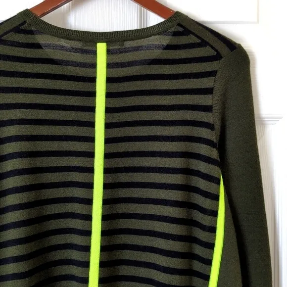 Duffy Lightweight Wool &amp; Cashmere Striped Knit Flared Slit Hem Sweater Green XS