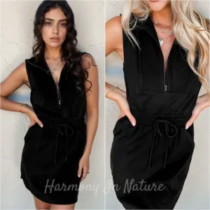 Easy Zip Terry Dress - Black