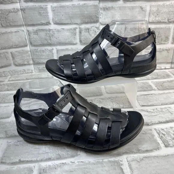 ECCO Flash Black Leather Adjustable T-Strap Flat Sandals Women's EU 38/US 7-7.5