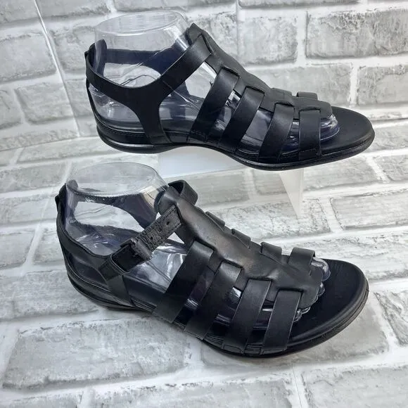 ECCO Flash Black Leather Adjustable T-Strap Flat Sandals Women's EU 38/US 7-7.5