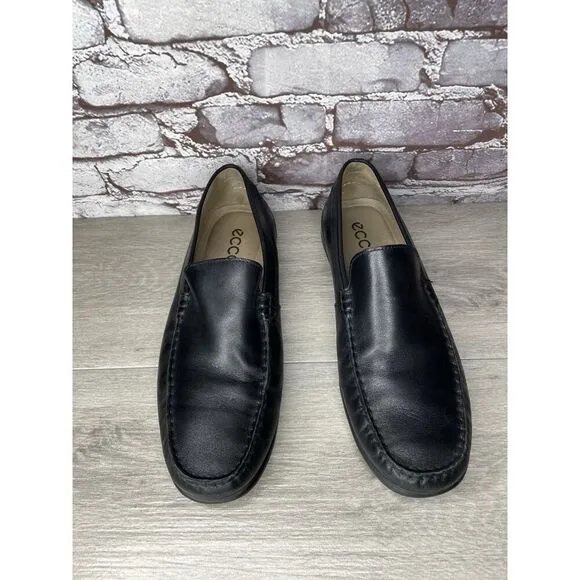 ECCO Black Leather Driving Loafers Mens Size 44 US 10-10.5 Classic Slip On Moc