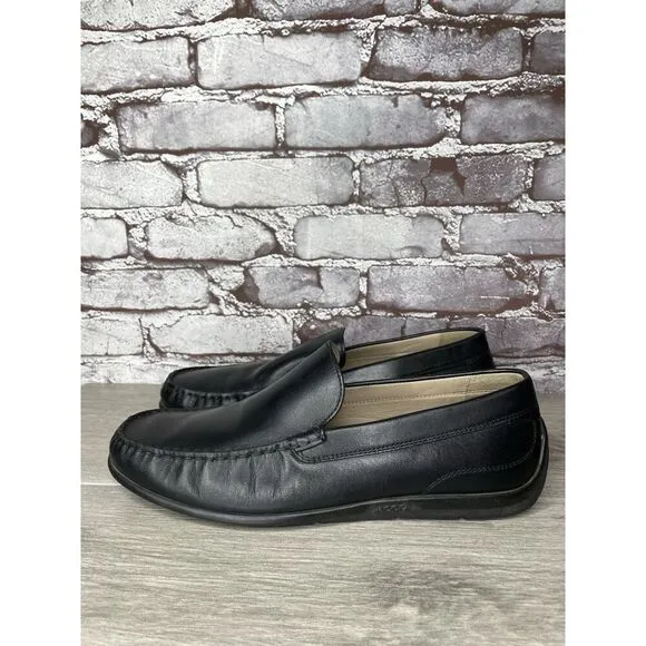 ECCO Black Leather Driving Loafers Mens Size 44 US 10-10.5 Classic Slip On Moc