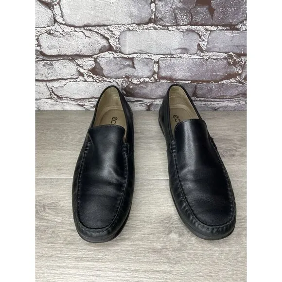 ECCO Black Leather Driving Loafers Mens Size 44 US 10-10.5 Classic Slip On Moc
