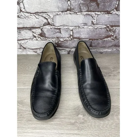 ECCO Black Leather Driving Loafers Mens Size 44 US 10-10.5 Classic Slip On Moc
