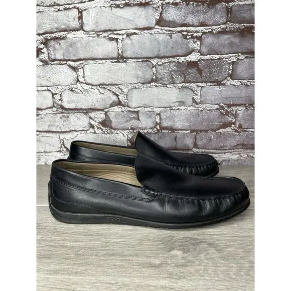 ECCO Black Leather Driving Loafers Mens Size 44 US 10-10.5 Classic Slip On Moc