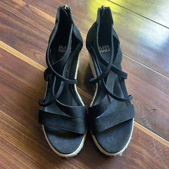 Eileen Fisher Wanda Black Leather Strappy Wedge Heel Espadrille Sandals Size 6.5
