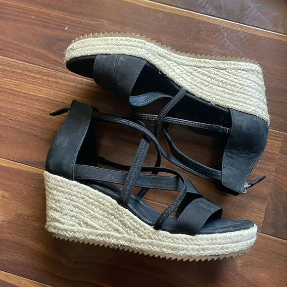 Eileen Fisher Wanda Black Leather Strappy Wedge Heel Espadrille Sandals Size 6.5