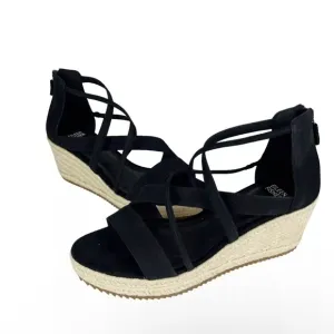 Eileen Fisher Wanda Black Leather Strappy Wedge Heel Espadrille Sandals Size 6.5