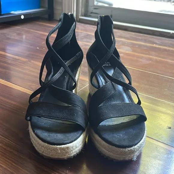 Eileen Fisher Wanda Black Leather Strappy Wedge Heel Espadrille Sandals Size 6.5