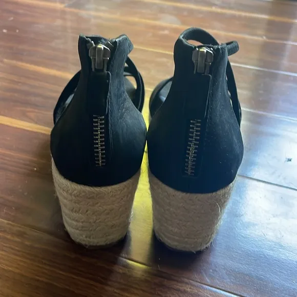 Eileen Fisher Wanda Black Leather Strappy Wedge Heel Espadrille Sandals Size 6.5