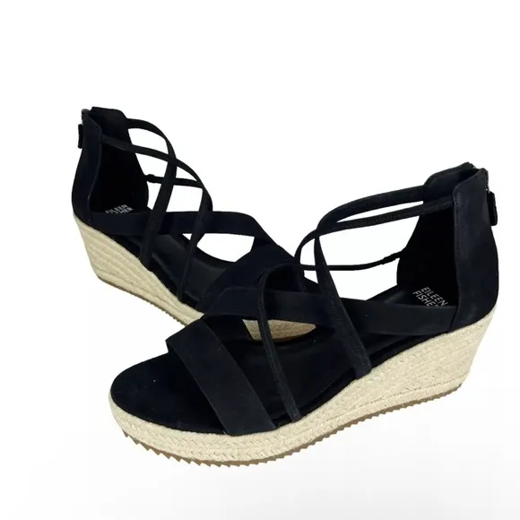 Eileen Fisher Wanda Black Leather Strappy Wedge Heel Espadrille Sandals Size 6.5