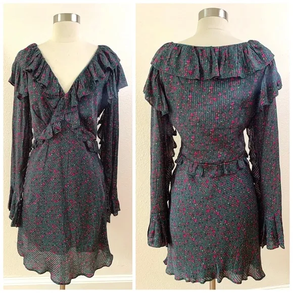 EUC FREE PEOPLE Green Floral Print Sweetest Thing Ruffled Mini Dress