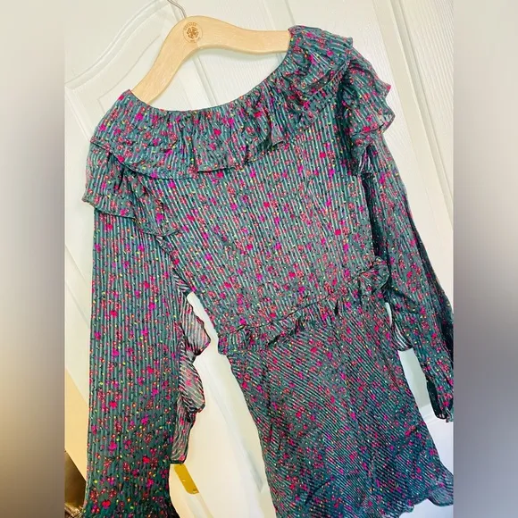 EUC FREE PEOPLE Green Floral Print Sweetest Thing Ruffled Mini Dress