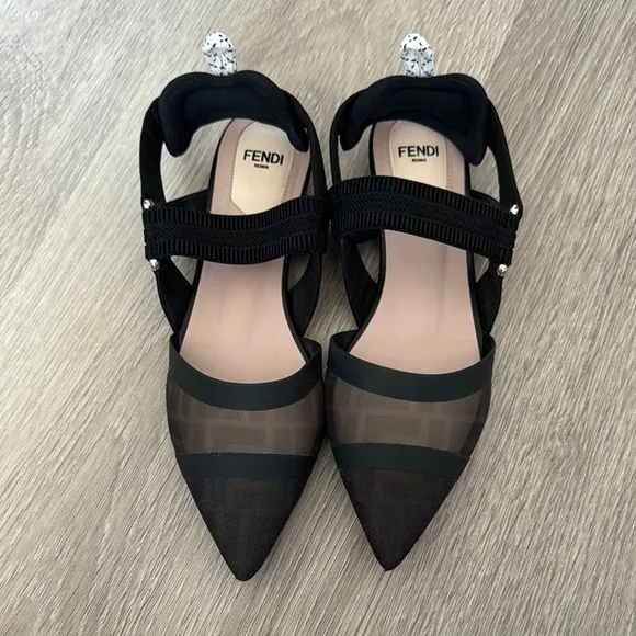 Fendi Black Colibri Slingback Mesh Flats