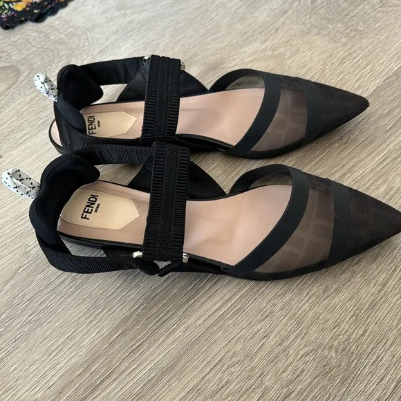 Fendi Black Colibri Slingback Mesh Flats