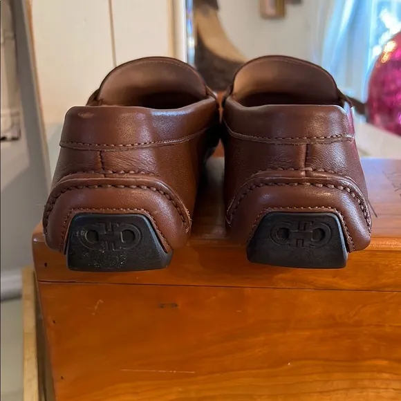 Ferragamo Brown Leather Driving Loafers with Silver Buckle NWOT