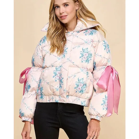Floral Pink Puffer Jacket for Women