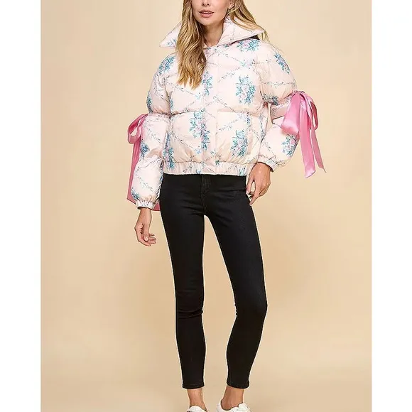 Floral Pink Puffer Jacket for Women