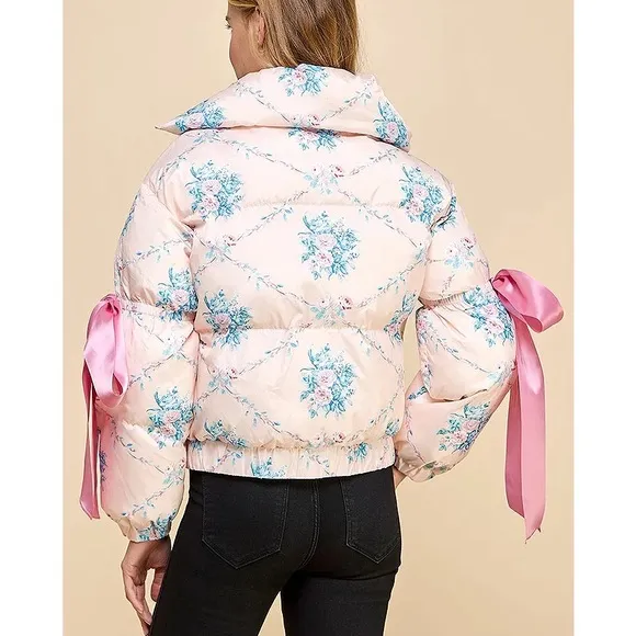 Floral Pink Puffer Jacket for Women