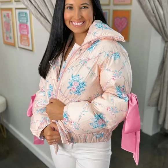 Floral Pink Puffer Jacket for Women