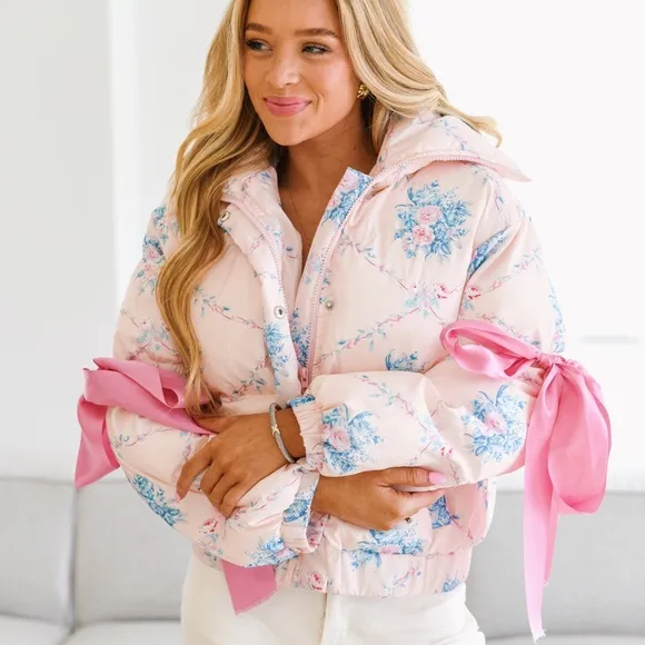 Floral Pink Puffer Jacket for Women