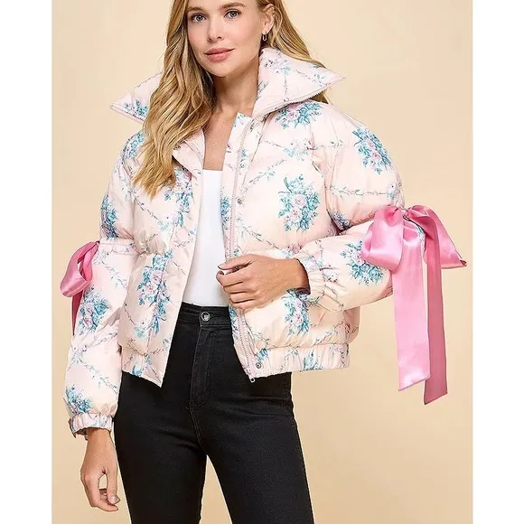 Floral Pink Puffer Jacket for Women