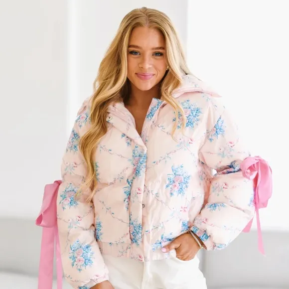 Floral Pink Puffer Jacket for Women