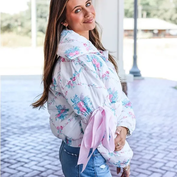 Floral Puffer Jacket with Ribbon