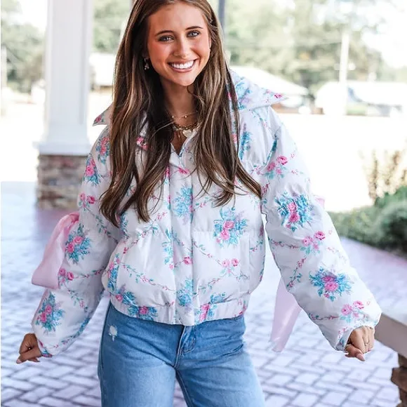 Floral Puffer Jacket with Ribbon