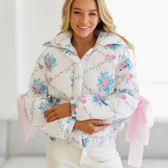 Floral Puffer Jacket with Ribbon