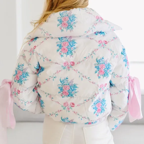 Floral Puffer Jacket with Ribbon