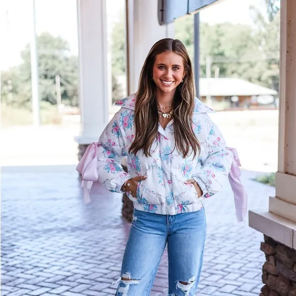 Floral Puffer Jacket with Ribbon