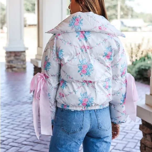 Floral Puffer Jacket with Ribbon
