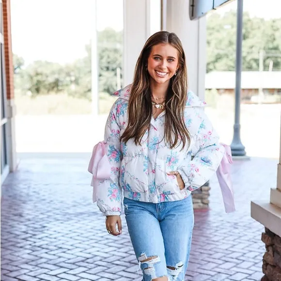Floral Puffer Jacket with Ribbon