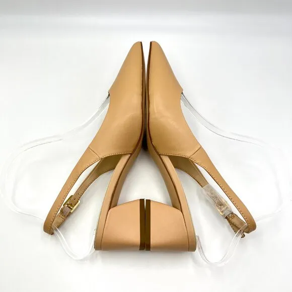 Franco Sarto 6.5 Racer Beige Nude Tan Leather Slingback Block Heels Pumps Shoes