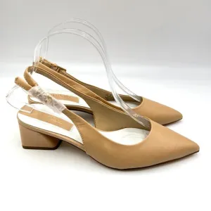 Franco Sarto 6.5 Racer Beige Nude Tan Leather Slingback Block Heels Pumps Shoes