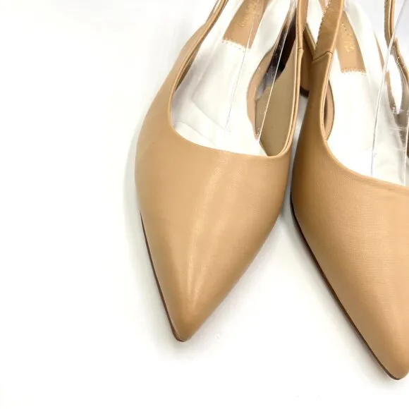 Franco Sarto 6.5 Racer Beige Nude Tan Leather Slingback Block Heels Pumps Shoes
