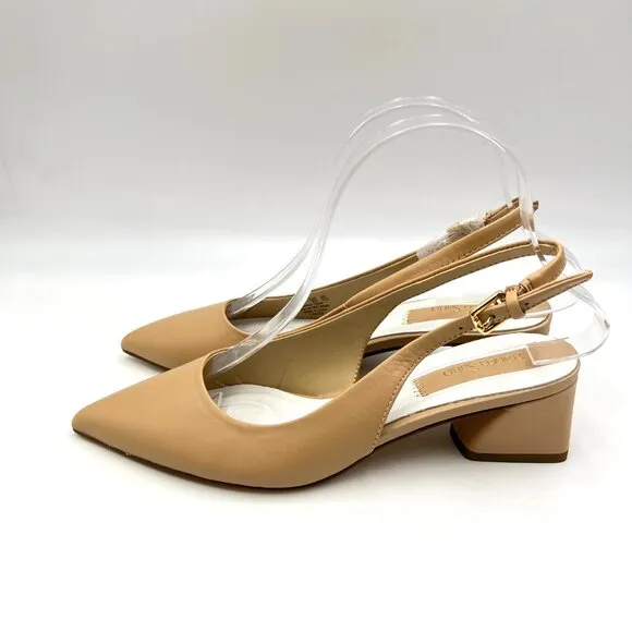 Franco Sarto 6.5 Racer Beige Nude Tan Leather Slingback Block Heels Pumps Shoes