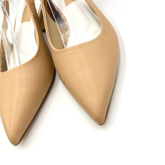 Franco Sarto 6.5 Racer Beige Nude Tan Leather Slingback Block Heels Pumps Shoes