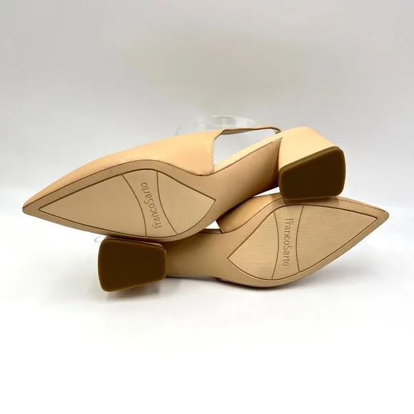 Franco Sarto 6.5 Racer Beige Nude Tan Leather Slingback Block Heels Pumps Shoes