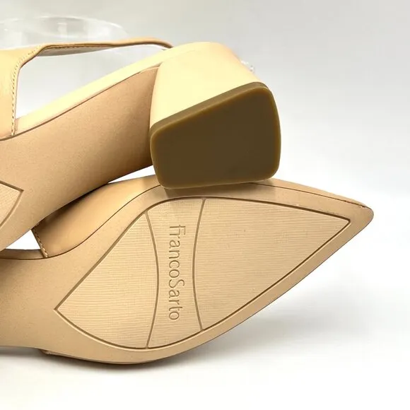 Franco Sarto 6.5 Racer Beige Nude Tan Leather Slingback Block Heels Pumps Shoes