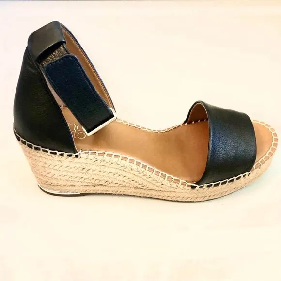 FRANCO SARTO Clemens Wedge Platform Espadrille Sandals Black Leather &amp; Jute 9