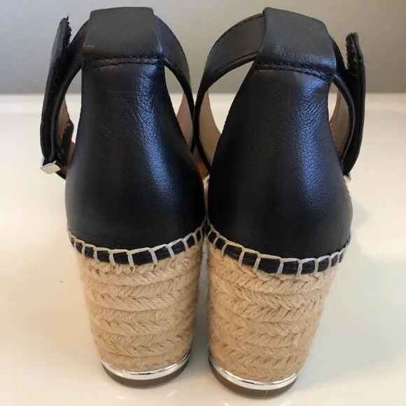 FRANCO SARTO Clemens Wedge Platform Espadrille Sandals Black Leather &amp; Jute 9